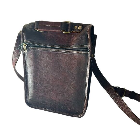Handmade Brown Genuine Goat Leather Messenger Satchel Bag 9” adjustable Strap - Picture 3 of 5